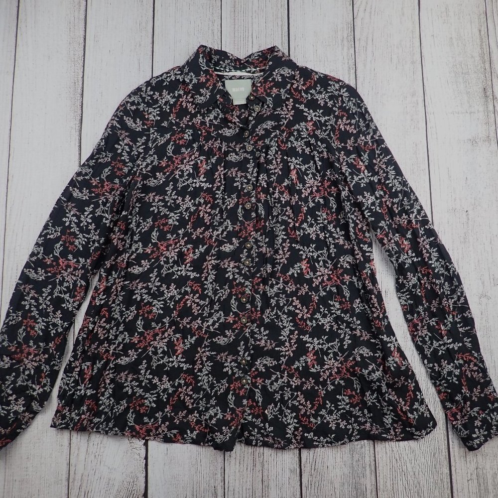 Maeve Anthropologie Shirt Womens 0 Black Floral Button Front Blouse Long Sleeve